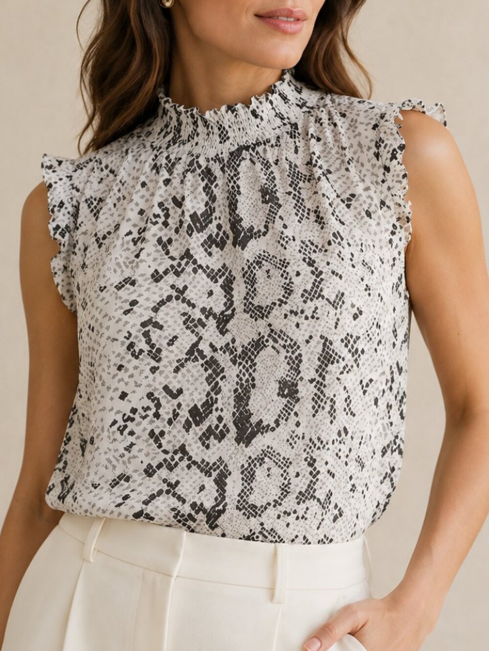 J. Crew Snakeskin Print Mock Neck Sleeveless Blouse Ruffle Trim Top 12